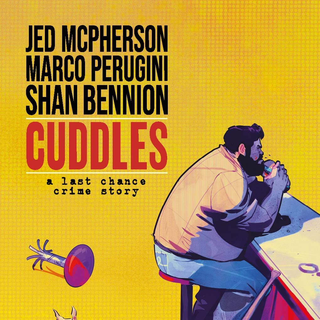 Cuddles ogn cover showing the main character sitting at a fast food counter eating a burger with an injured man lying on the floor next to him