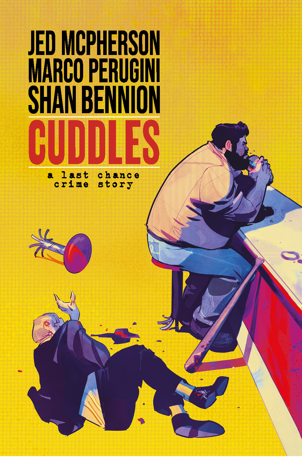 Cuddles OGN cover showing a man sitting at a counter eating a hamburger.