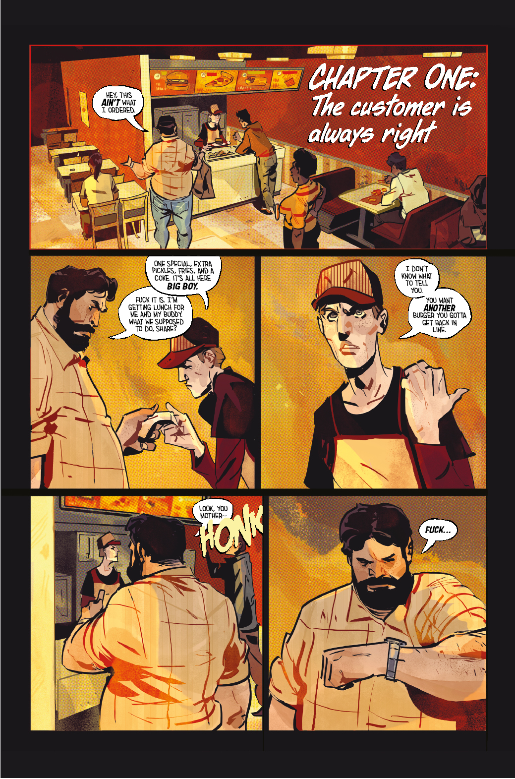 Page one of cuddles OGN showing a man complaining at a fast food counter.