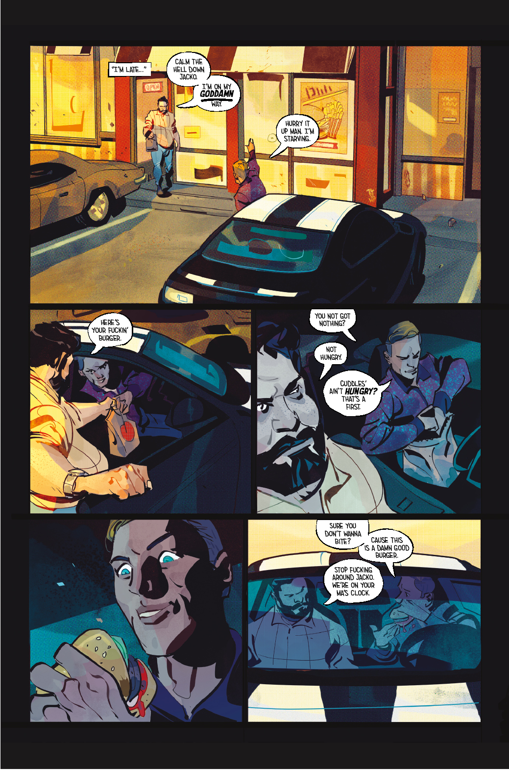 Page two of cuddles OGN showing a man getting into a car and arguing with his friend.