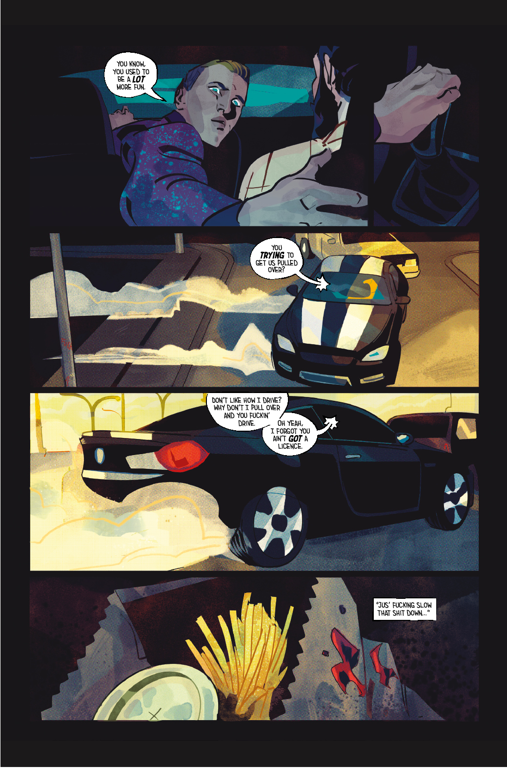 page three of cuddles OGN showing a car aggresivly pulling out.