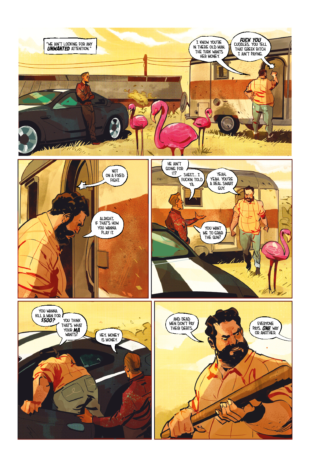 page four of cuddles OGN showing the two characters trying to collect money from an old man.