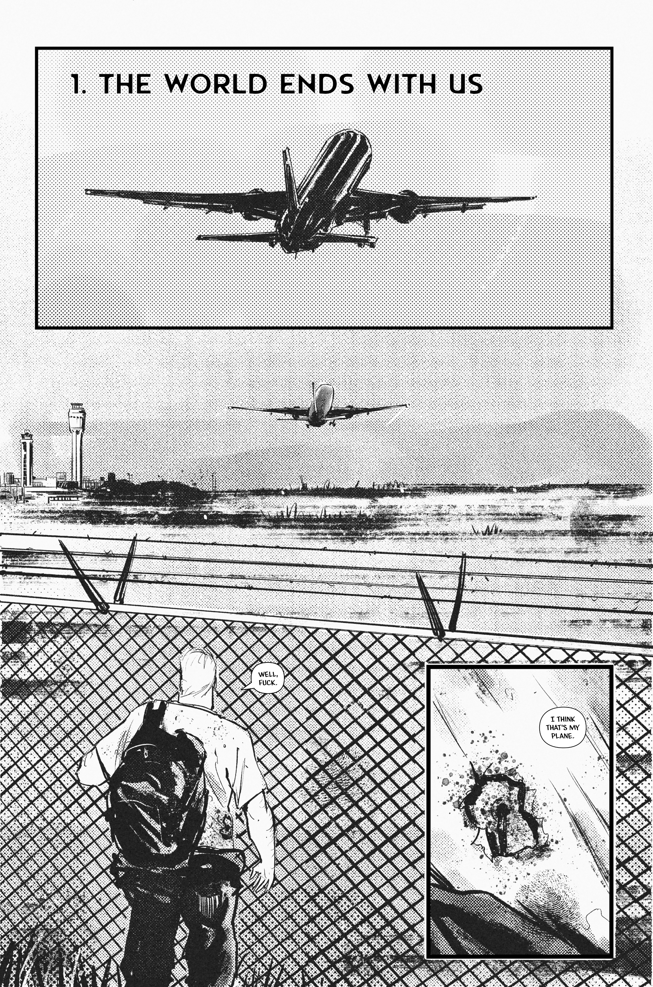 Page one of Deadbeat showing a man watching a plane taking off in the distance.