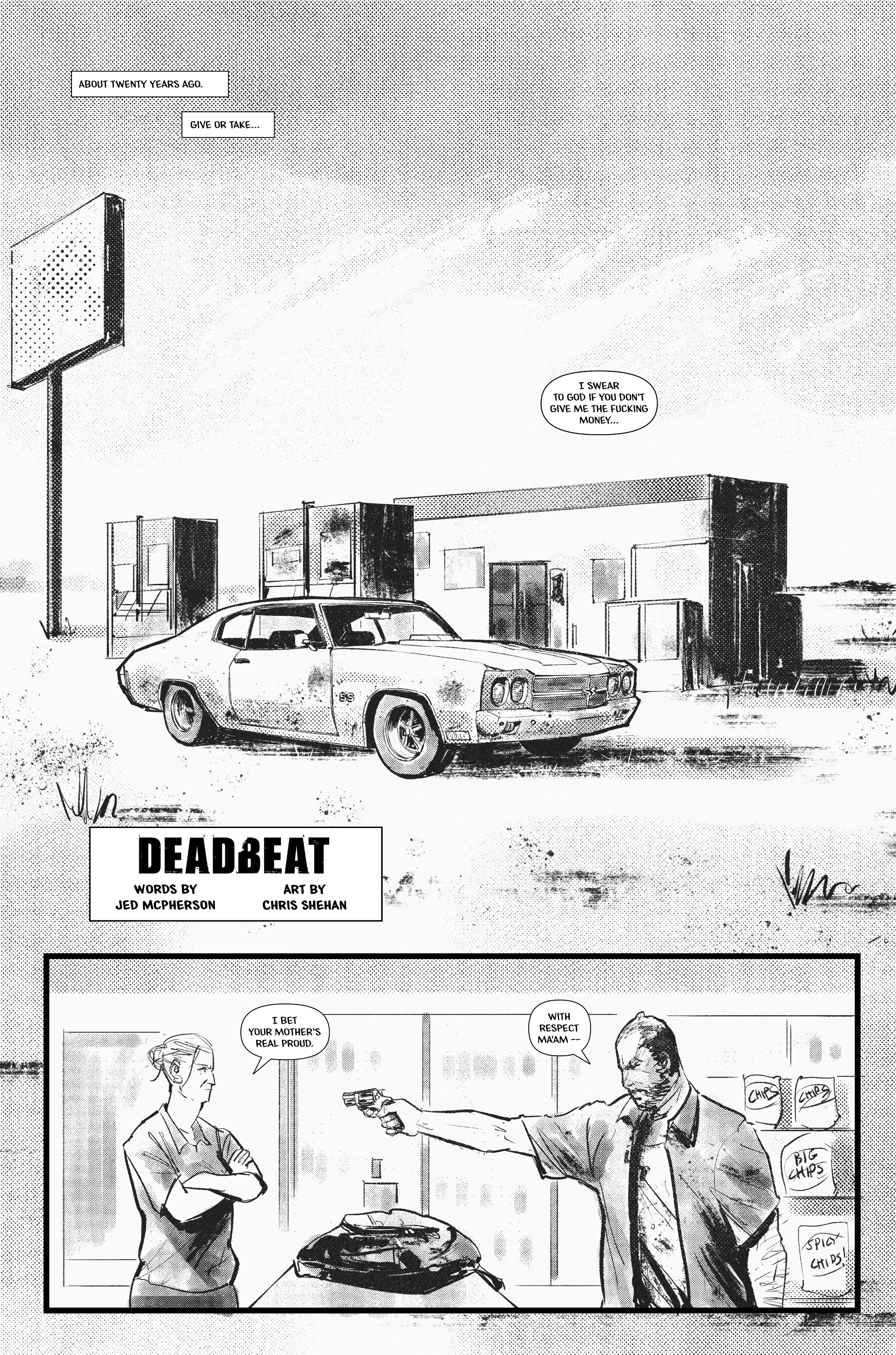 Page two of Deadbeat showing a man sticking up a gas station. 