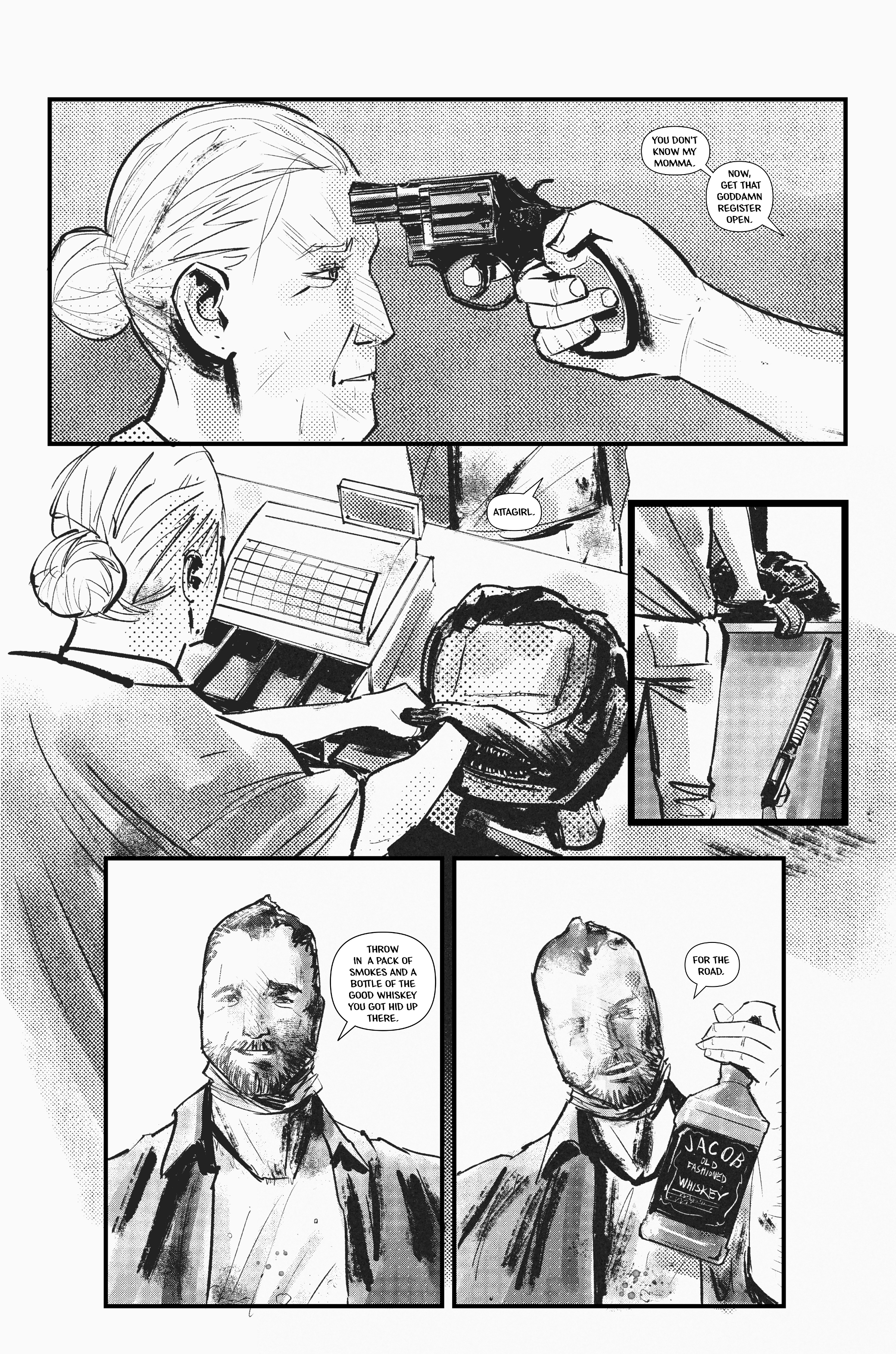 page three of deadbeat showing the man taking a bottle of whiskey from the gas station.