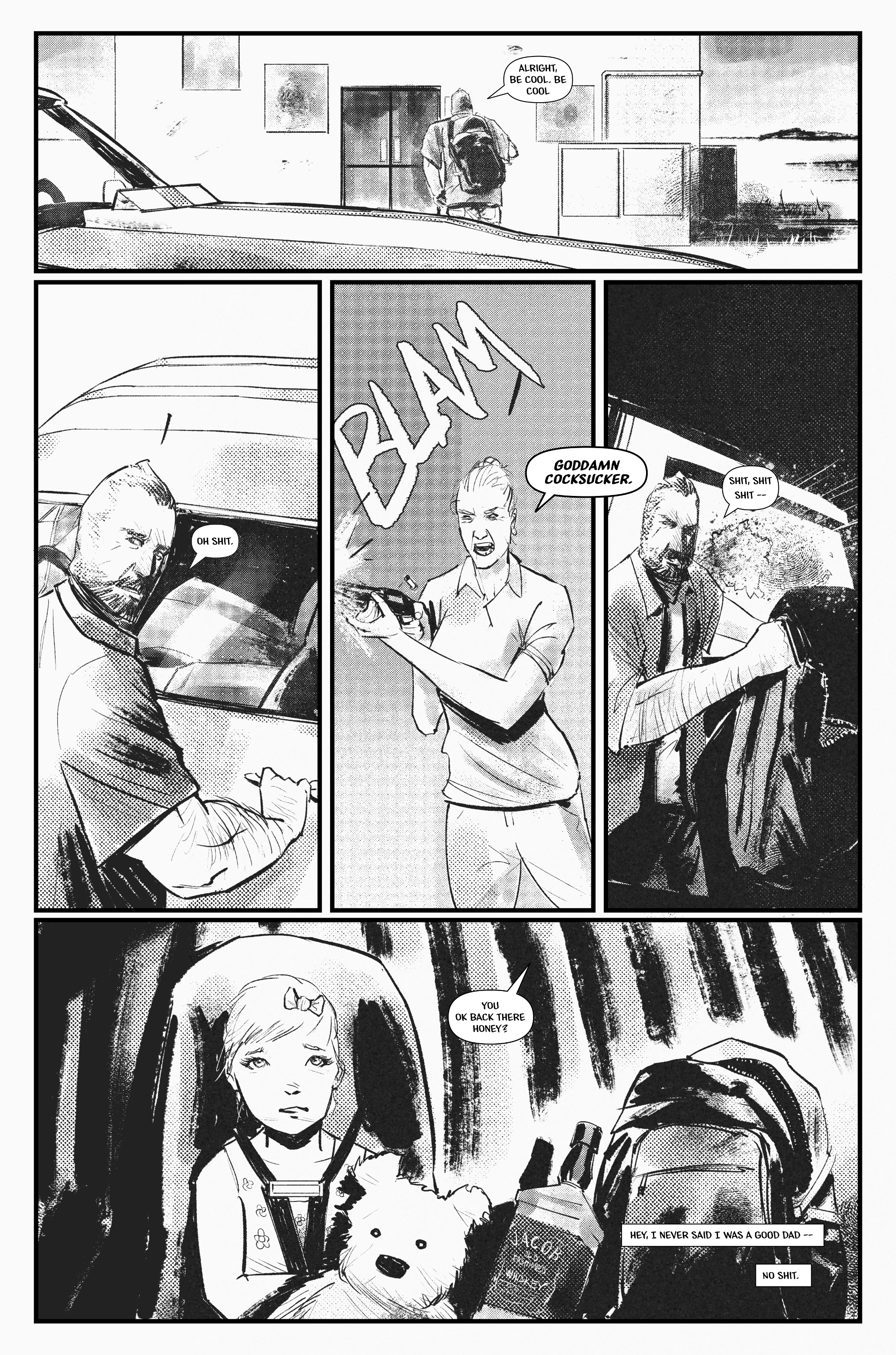 page four of deadbeat showing the man slowly backing out of the gas station while a woman threatens him with a shotgun.