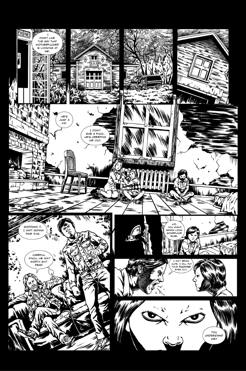 Page one of Jacob showing three children chained to a radiator. A man gets up and shouts at one of the children.