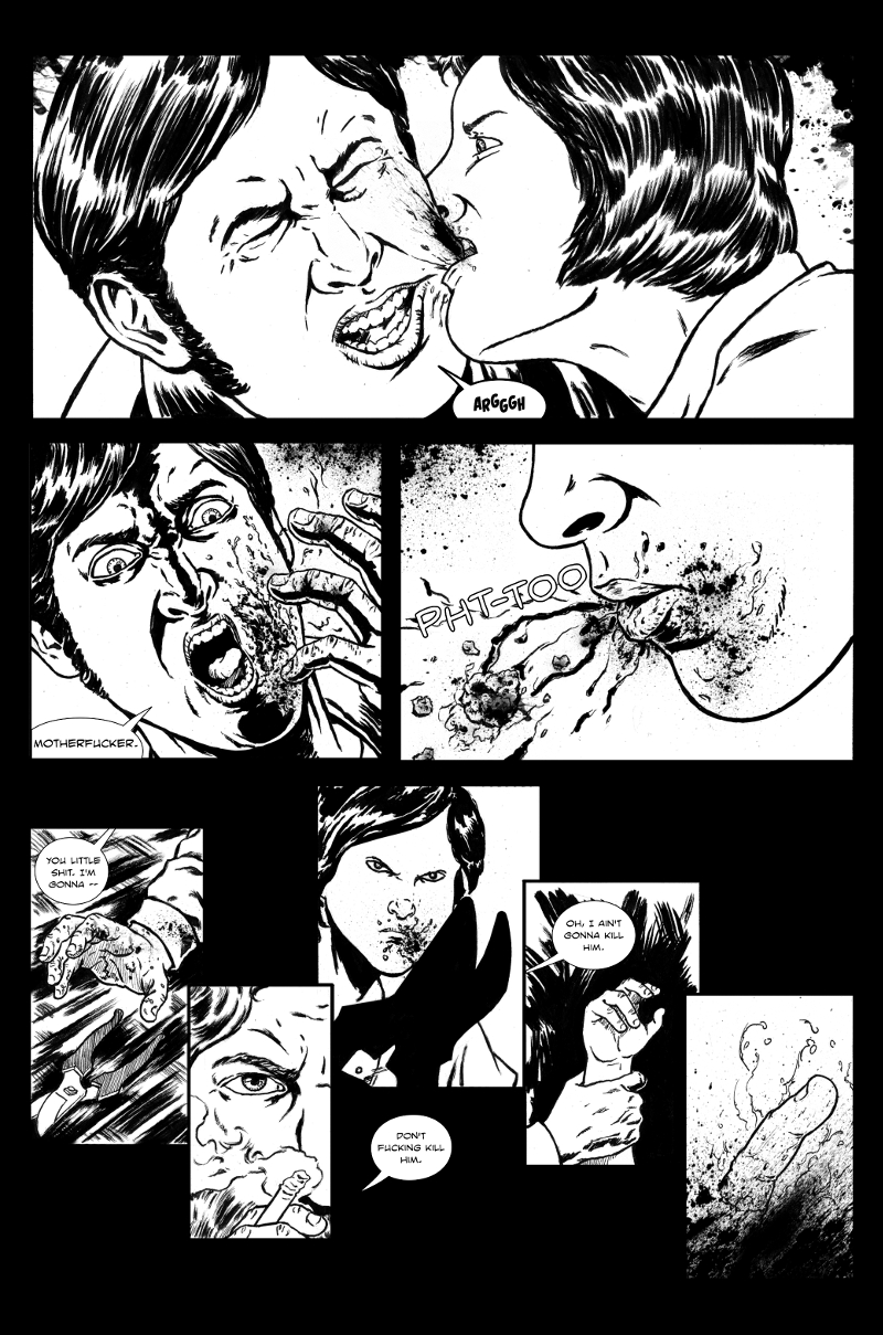 Page two of Jacob. A child bites a chunk of flesh off a adults face. The adult then chops the childs finger off. 