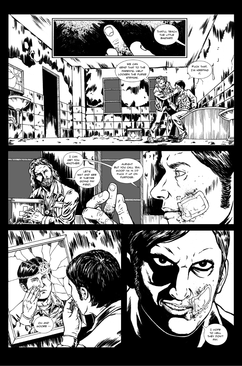 page three of Jacob. A man bandages another man's face as the man inspects a severed finger.