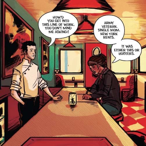 Lettering example from Bug (published by tpub comics) showing a couple having a conversation at a food counter.
