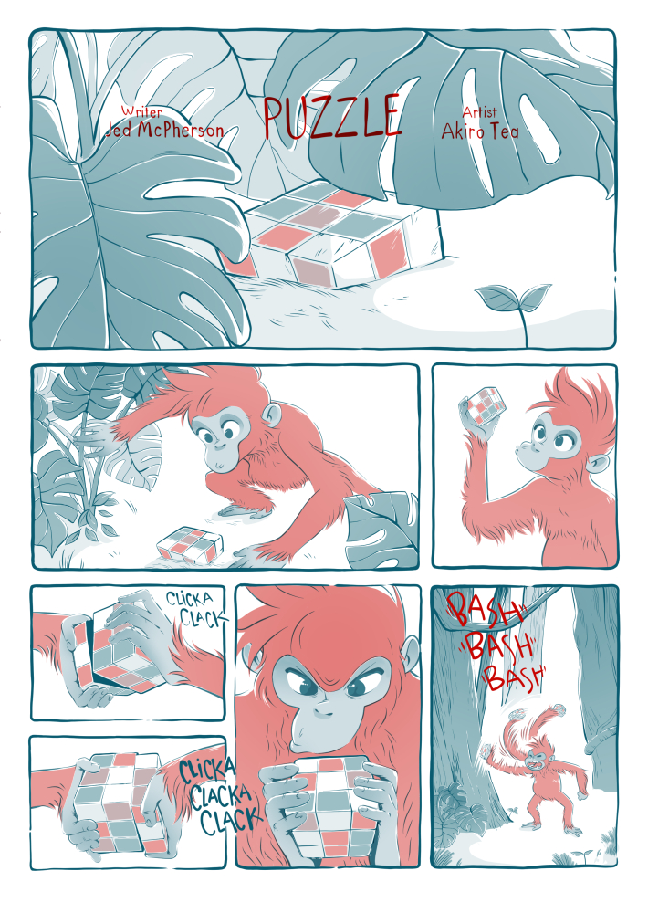 page one of puzzle (a short comic). a young orangutan finds a rubix cube hidden in the under growth.