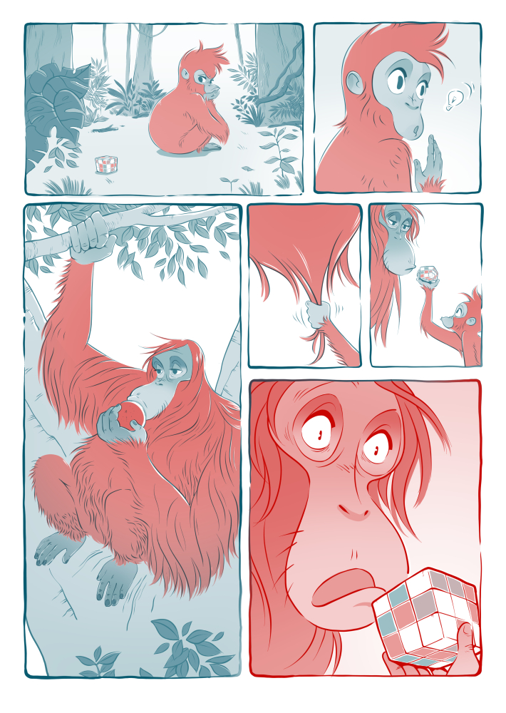 page two of puzzle (a short comic). the young orangutan shows the rubix cube to her mother.