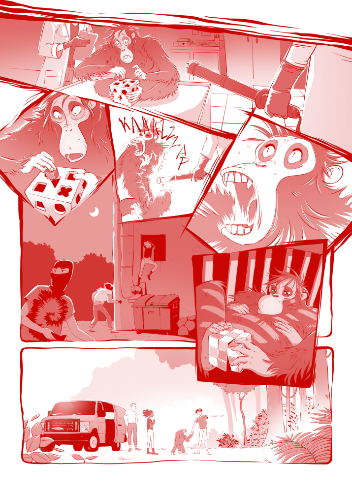 page three of puzzle (a short comic). a flash back showing that mother orangutan in captivity being forced to solve puzzles.