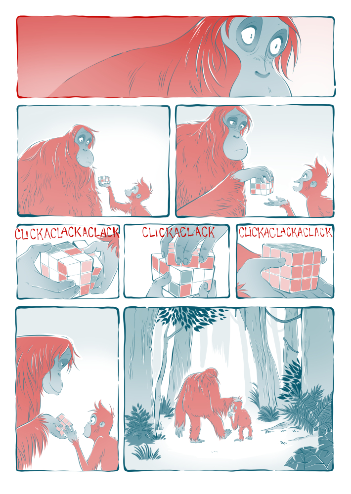 page four of puzzle (a short comic). The mother orangutan shows her daughter how to solve the puzzle.