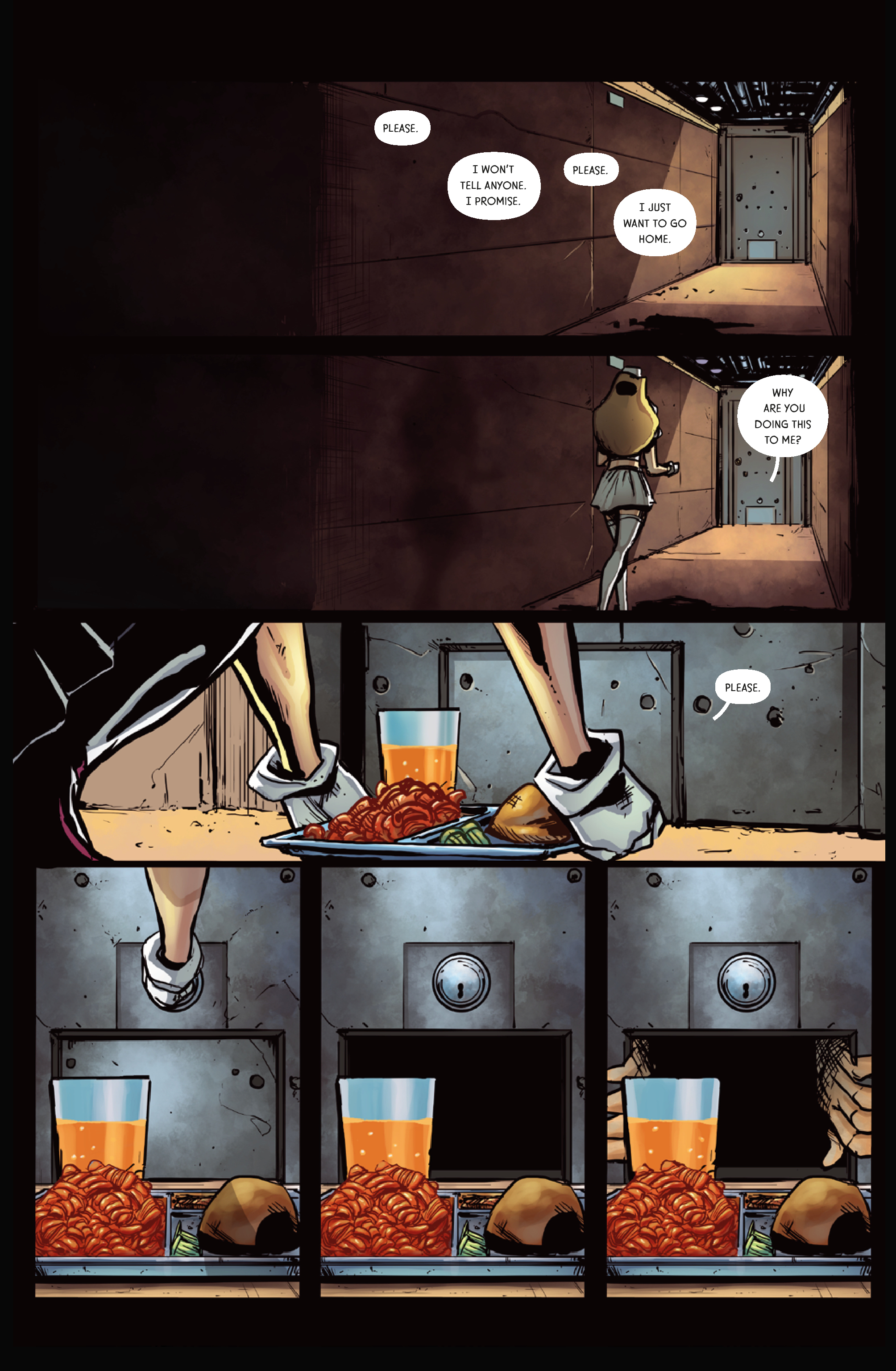 Page one of The Show OGN showing a woman carrying a tray of food towards a locked door.