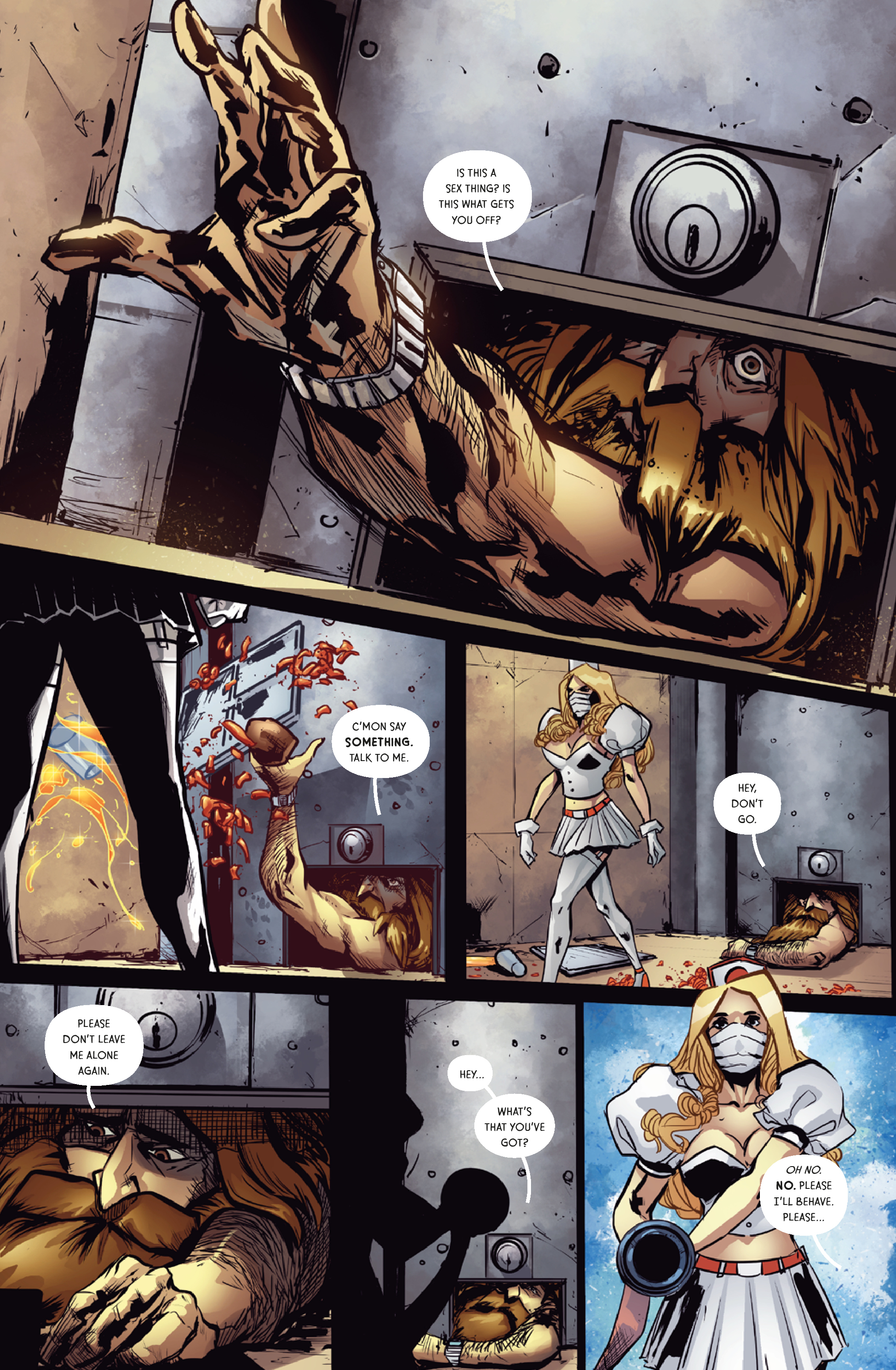 Page two of The Show OGN showing a man trying to escape through a hatch in a door.