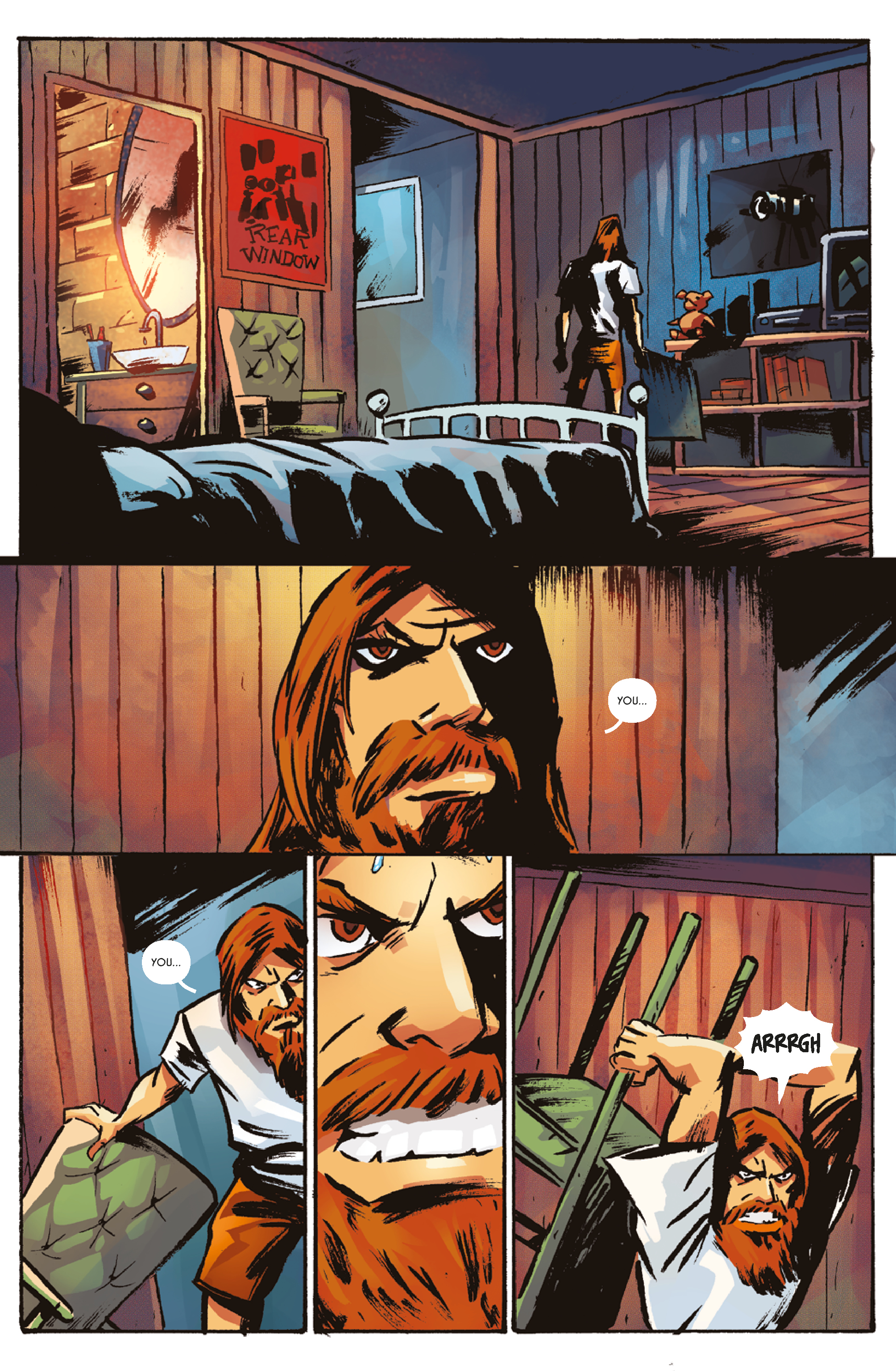 page 21 of The Show OGN showing a man breaking a chair against a plexiglass cover.