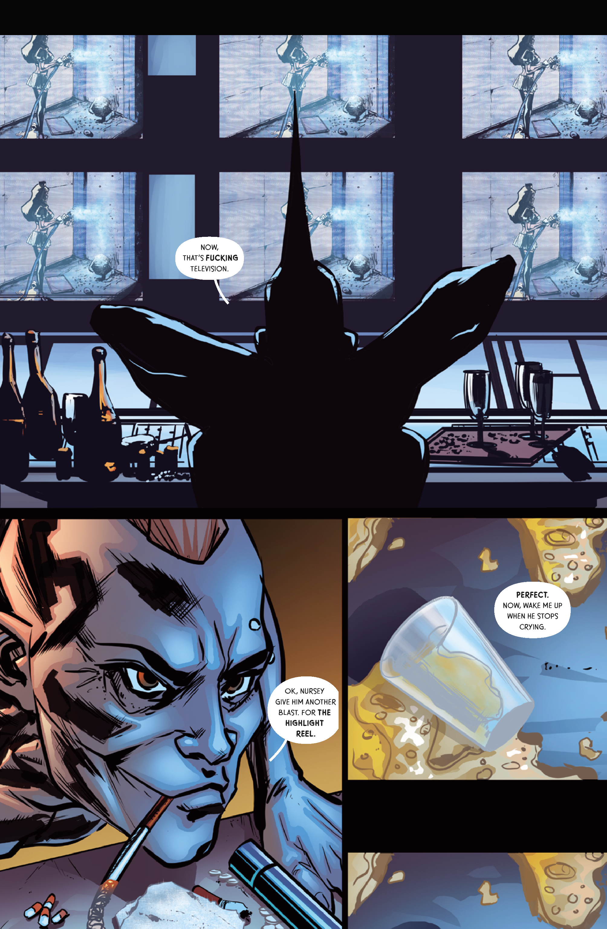page three of The Show OGN a man watching a bank of tvs as he smiles sinisterly.