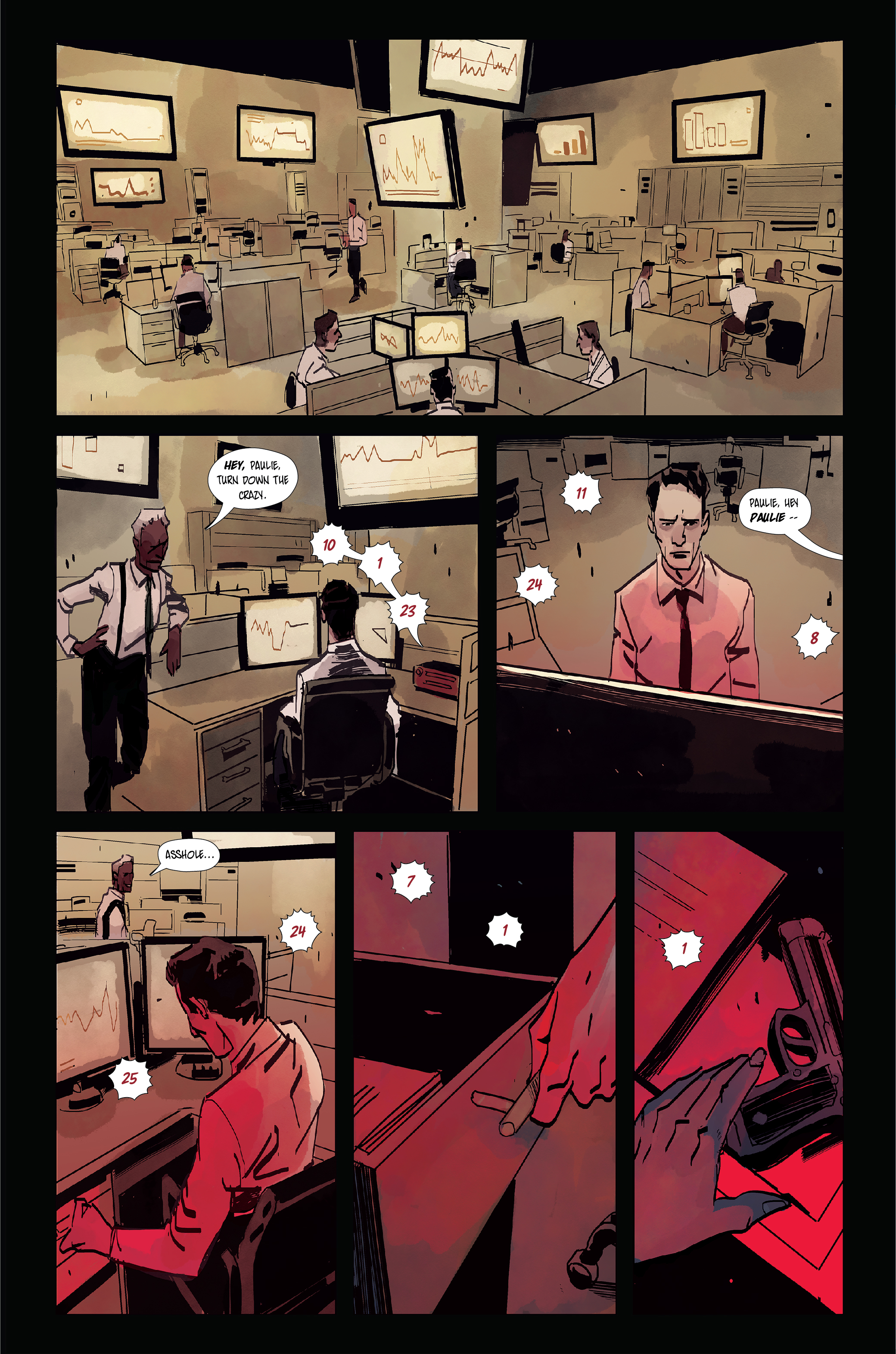 Transmissions OGN page one showing a man under hypnosis pulling a gun out of his desk drawer.