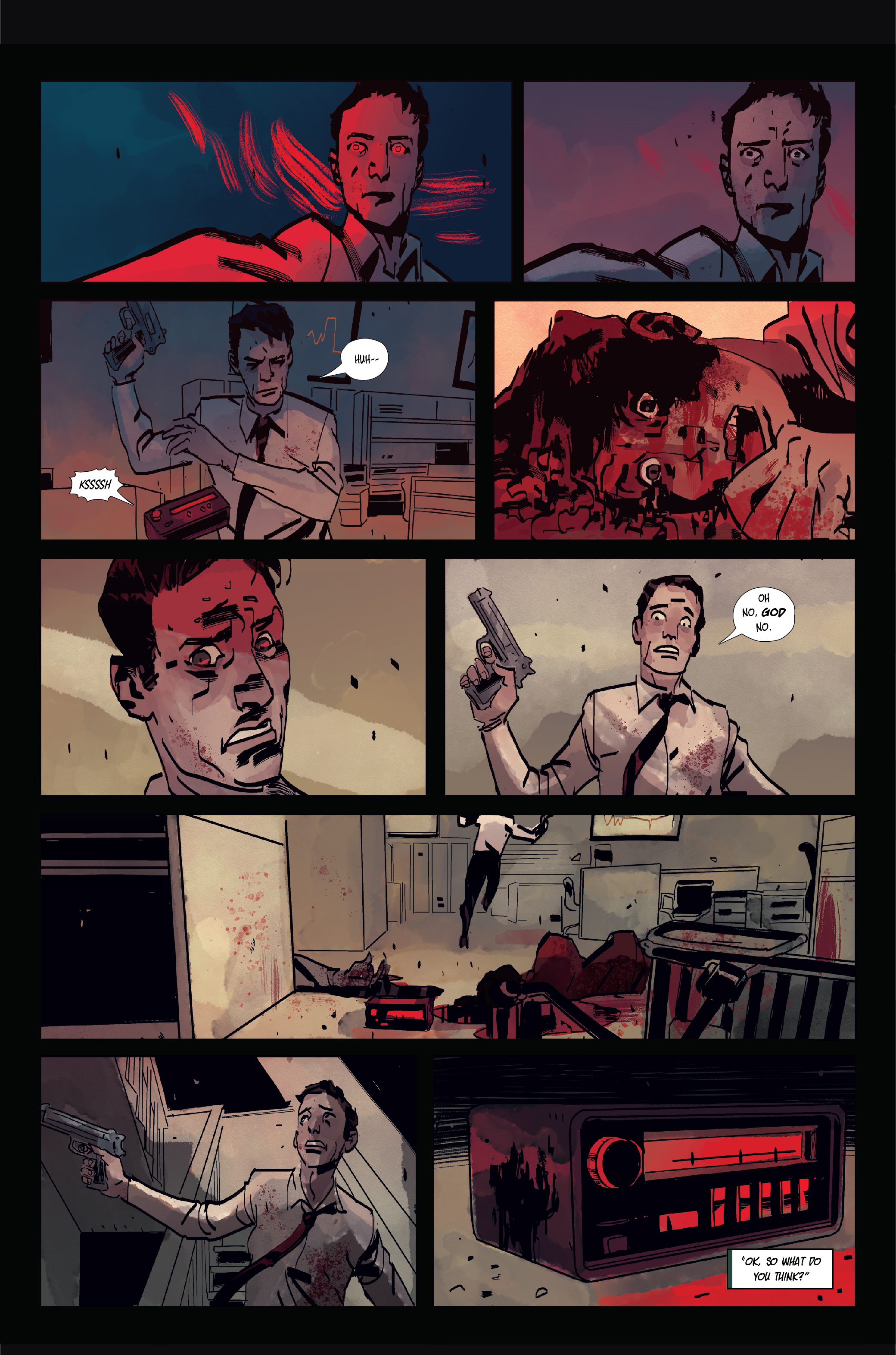 Transmissions OGN page four showing a man coming out of a trance and looking in horror at the bodies of his co-workers.
